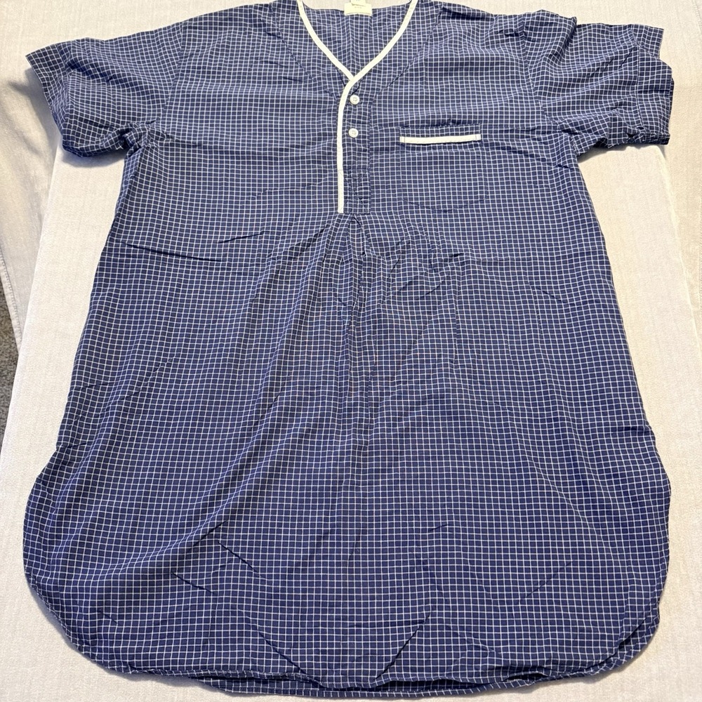 Vermont Country Store Mens XL Nightshirt Navy Plaid Cotton Sleep Shirt Pajama